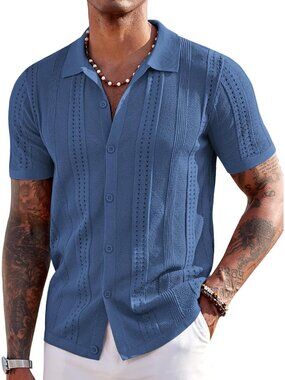 Men's Denim Blue Knit Short Sleeve Button Down Polo Casual Summer Beach Shirt